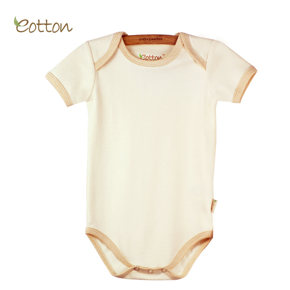 Organic Short Sleeve Bodysuit with Envelop Neck in Milk / Stripes / Caramel