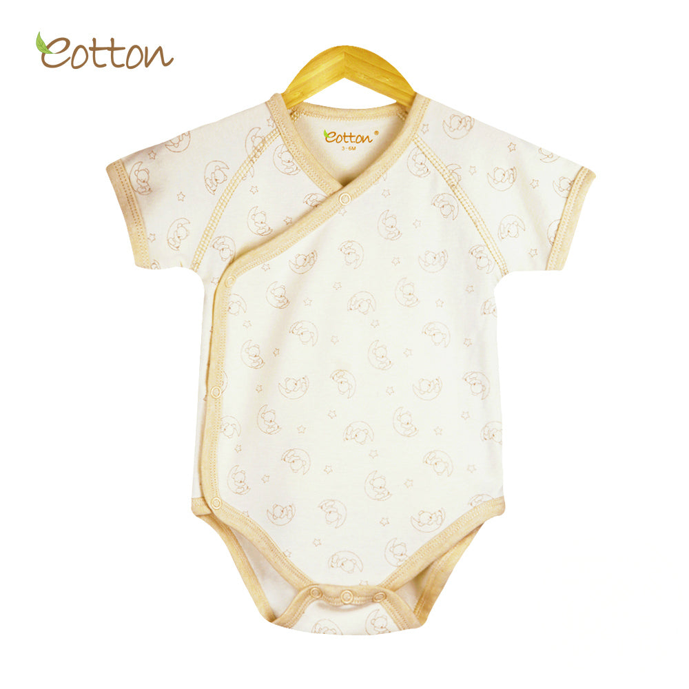 Organic Short Sleeve Kimono Bodysuit with Moon Pattern.